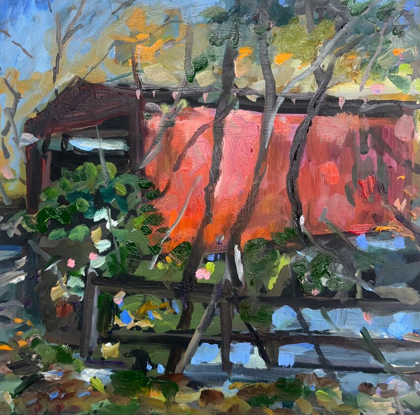 Thomas Mill Covered Bridge, painted in 2024 by Judy McCabe Jarvis, is among many local artists featured in a new exhibit at Springside Chestnut Hill Academy that showcases the natural beauty of the Wissahickon Valley.