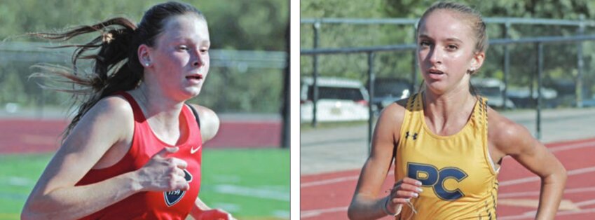 Nieve Keitel, left, a sophomore, placed first for host Germantown Academy and third  overall in the Patriots' Inter-Ac League opener. At right, Penn Charter eighth-grader Mackenzie Skelly is about to finish first in last week's Inter-Ac quad meet at GA.