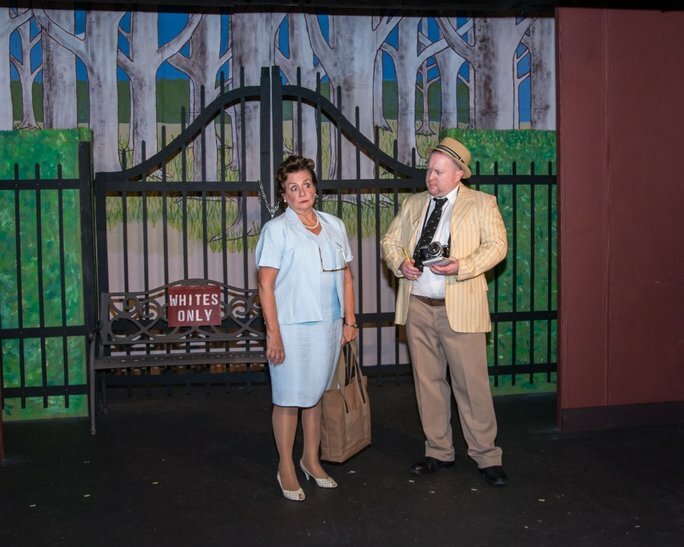 Lorraine Barrett as librarian Emily Wheelock Reed and Mike Zaleski as reporter Herschel Webb in the Old Academy Players production of &ldquo;Alabama Story,&rdquo; which runs through Sept. 29.