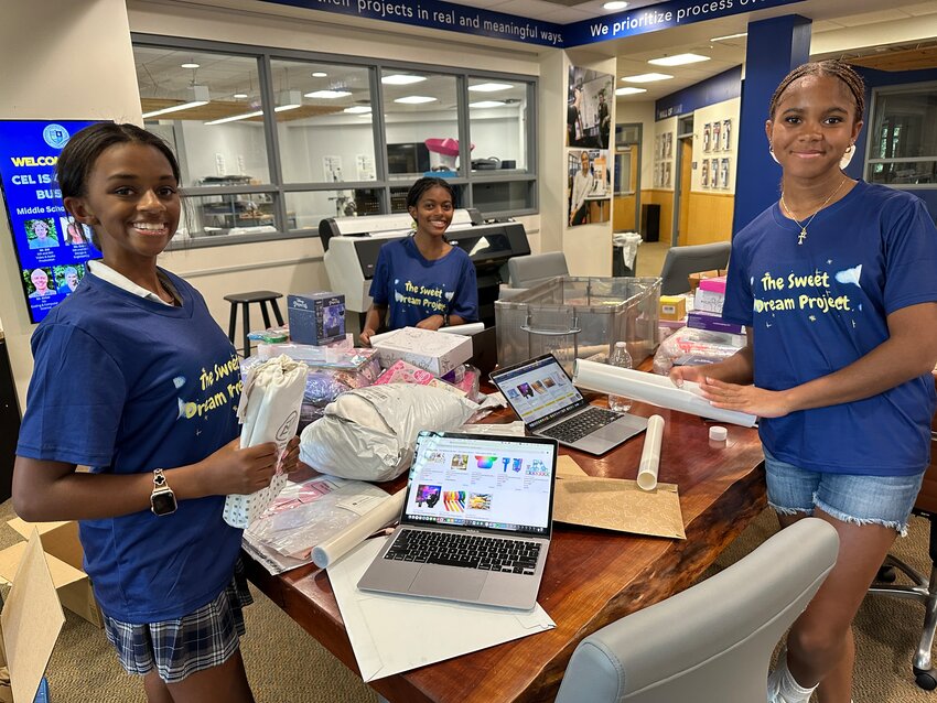 SCH classmates Ayana Banks (left), Marlee Howard (center) and Blake Jeune (right) helped pack &lsquo;sweet dreams&rsquo; bags and  deliver them to CHOP.