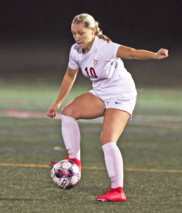 Sophomore defender Brigid McDonald, an SCH graduate, settles the ball for Chestnut Hill.