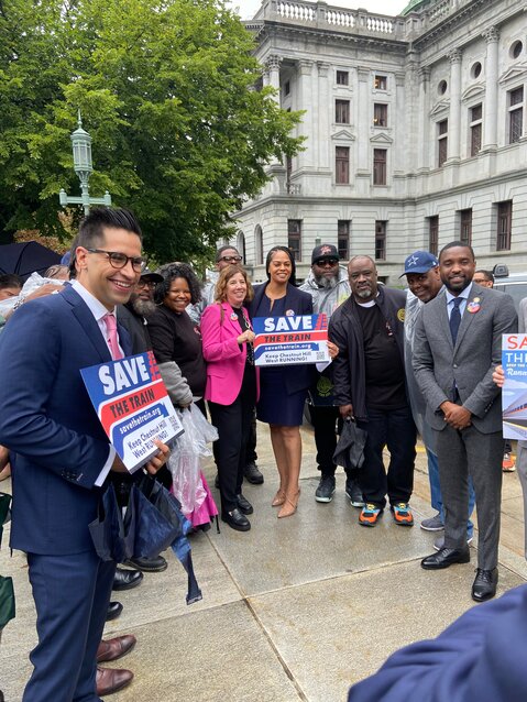 Members of the &lsquo;Save the Train&rsquo; coalition traveled to Harrisburg last week to meet  with legislators, including State Rep. Tarik Khan (at left), about increased funding  for public transit.