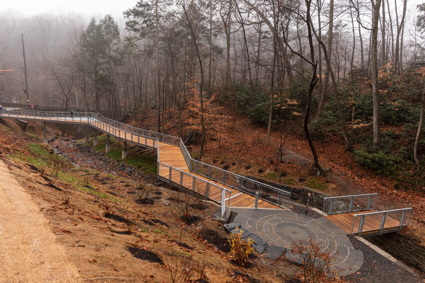 The new Valley Green Run bridge not only increases pedestrian safety, but also serves as an observation platform offering expanded views of the watershed below.