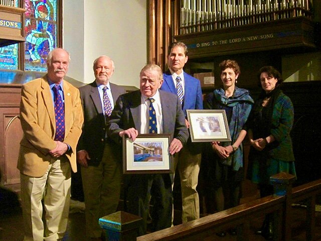 Receiving a preservation award from the Chestnut Hill Conservancy in January of 2016 (from left) were Phil Tankel of the Chestnut Hill Rotary, Conservancy Board President Randy Williams, Rotary member Carl Shaifer, Valley Green Bank CEO Jay Goldstein, Conservancy Board member Emily Cooperman, and Conservancy Executive Director Lori Salganicoff.