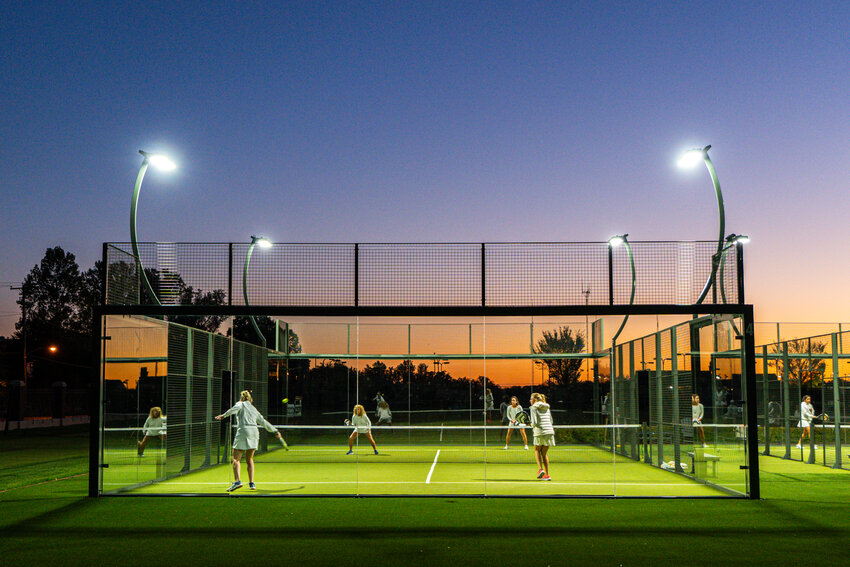 The Philadelphia Cricket Club's padel courts, designed with glass walls to preserve the view, are usually buzzing with activity.