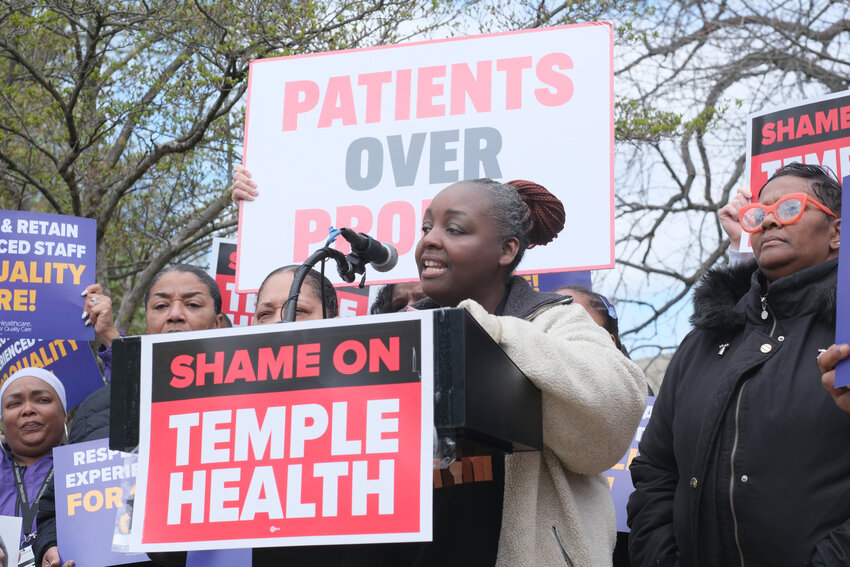 Kadina Smith-Flemming, a registered nurse at Chestnut Hill Hospital, spoke at a Pennsylvania Association of Staff Nurses and Allied Professionals press conference on April 16, calling for safer staffing levels and wage increases.