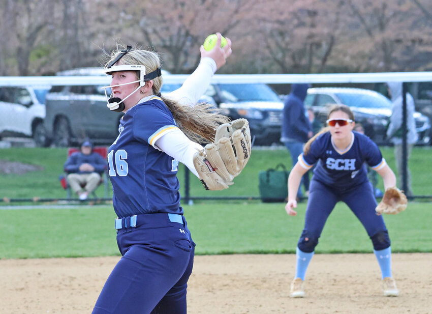 Sophomore Sami Snyder pitched a perfect game at Notre Dame last week. In the background is shortstop Morgan Risnychok.