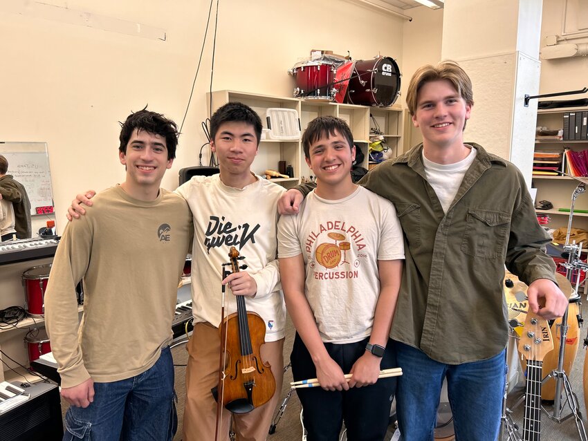 Members of the Germantown Friends youth jazz ensemble, (left to right) Zekie Lieberman, Jiaray Shi, Sam Desai and Zeke Hammarhead, say they are nervous but honored and excited to participate in the Germantown Jazz Festival.
