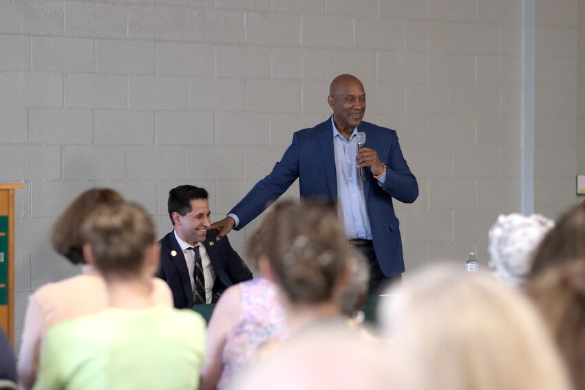 U.S. Rep. Dwight Evans (right) talks about his experience working with State Rep. Tarik Khan during a community forum on April 23 at the Schuylkill Center for Environmental Education in Roxborough.