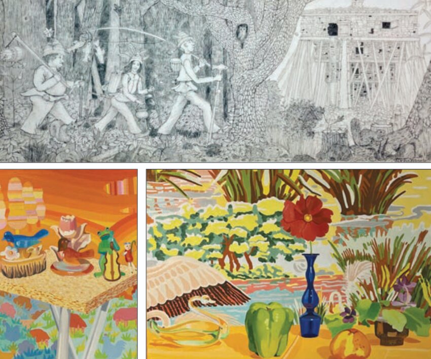 (Top) A charming graphite pencil illustration of frolickers in the woods. (Left) Whimsical birds, a frog and young angler are the products of Mack's fertile imagination. (Right) A colorful still-life by Richard Mack.