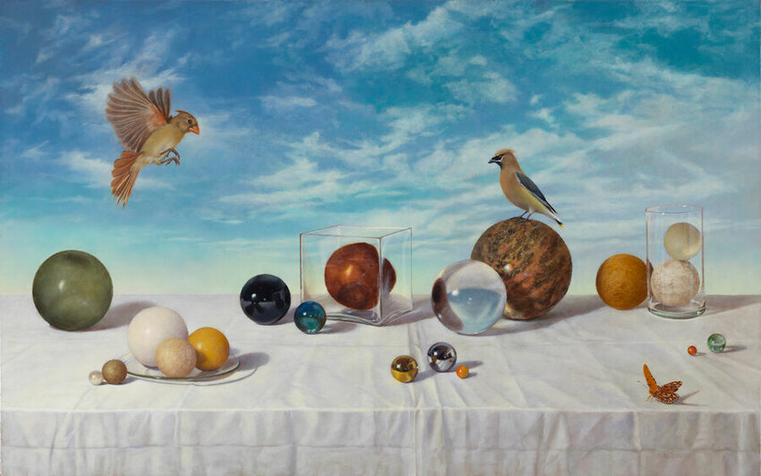 Bender paints birds with small inanimate objects in a surrealistic style.