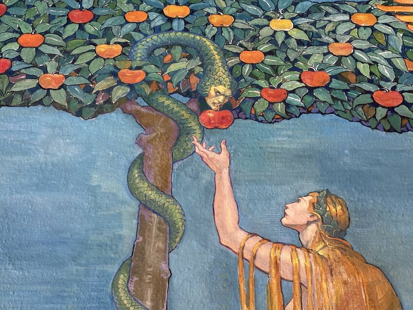 A detail of the Redemption Panel from the First Presbyterian Church in which Oakley depicts Satan as a sinister snake.