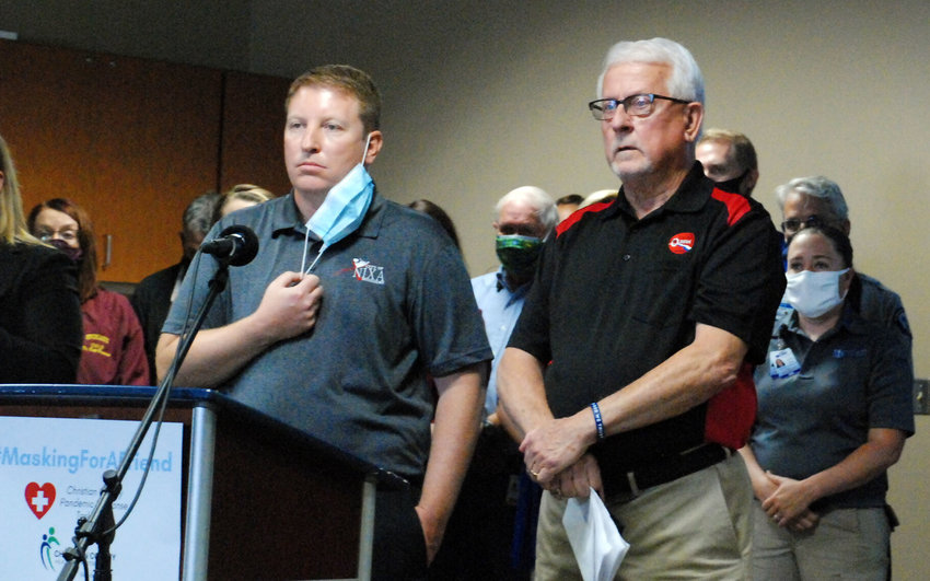 FROM LEFT, Nixa Mayor Brian Steele and Ozark Mayor Rick Gardner at a joint press conference at the Ozark Community Center July 17.