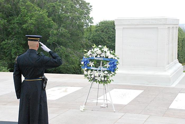 Emily Hoffman/Headliner NewsWell deserved: A soldier salutes the Tomb of the Unknowns at Arlington National Cemetery, one of Nutt&rsquo;s favorite stops on the trip.