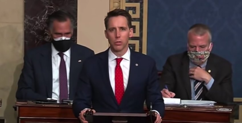U.S. SEN. JOSH HAWLEY, R-Missouri, (center) gave a speech on the U.S. Senate floor Jan. 6, 2021, in which he objected to the certification of presidential election results in Pennsylvania. Hawley used an Ozark address to vote in Christian County in the November 2020 election.