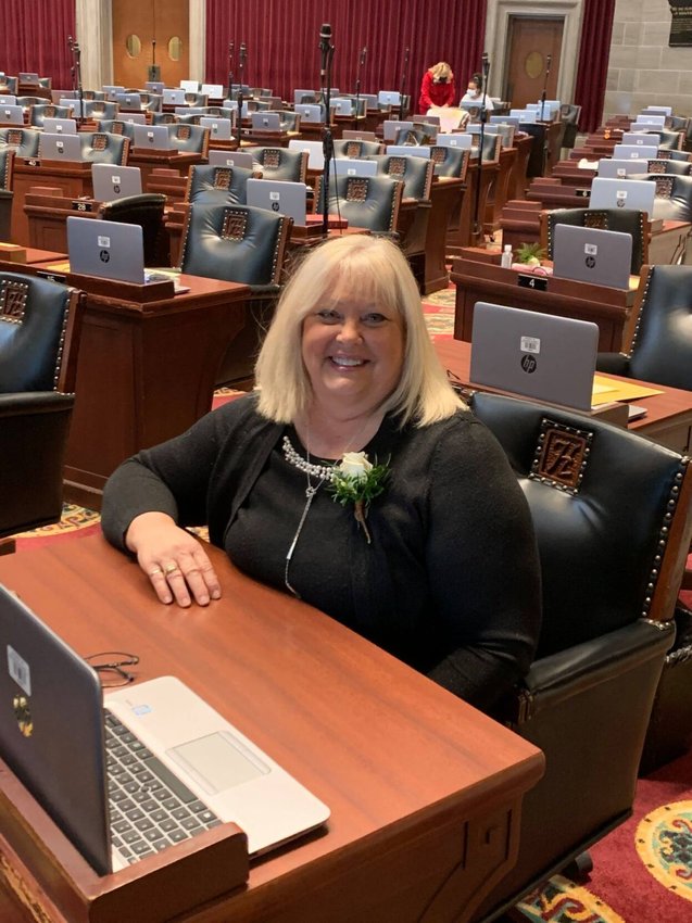 State Rep. Tricia Derges, R-Nixa, posed for a photograph on the floor of the Missouri House of Representatives in Jefferson City prior to the 2021 session of the Missouri General Assembly.