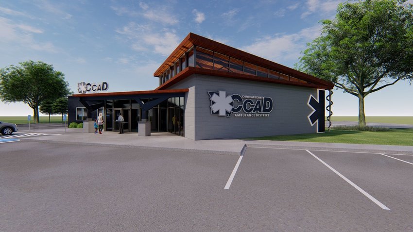 AN ARCHITECT&rsquo;S RENDERING shows the main entrance to the Christian County Ambulance District headquarters off of Highway 14 in Ozark on North 21st Street.