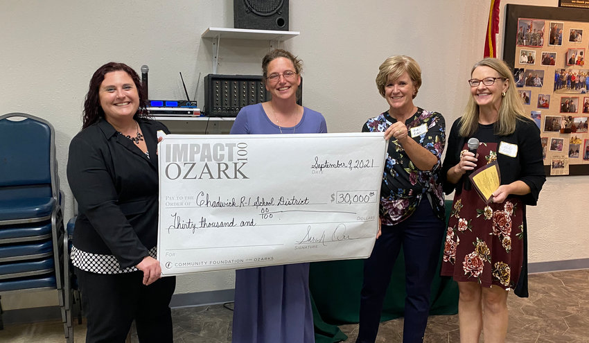 THE CHADWICK SCHOOL DISTRICT won a $30,000 grant from Impact 100 Ozark. Pictured, from left, Jessica Martin, Chadwick Special Education Teacher Jacklyn Aldrich, Impact 100 members Debi Achor and Sarah Adams Orr.