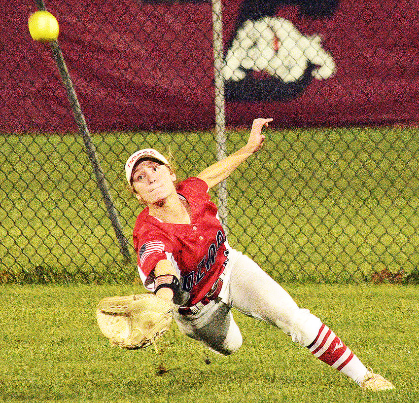 OZARK&rsquo;S ABBY FORD tracks down a flyball in center field against Republic in a Class 5 District 6 semifinal Thursday.