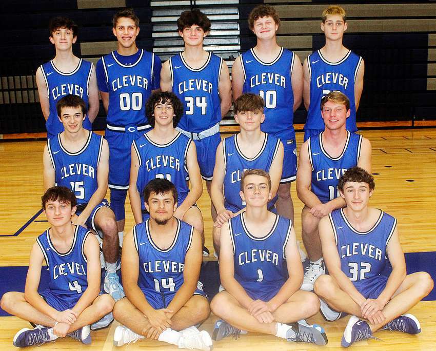 CLEVER&rsquo;S BOYS BASKETBALL TEAM includes (front row, l-r) &nbsp;Brayden Verch, Jack Clasen, Kolton Adkins, (middle row, l-r) Jacob Brown, Carter Wenger, Aaron Rice, Grant Pellham, (back row, l-r) Jase Whiles, Kendon Pate, Lane Mendenhall, Corbin Allie and KJ Bosier.