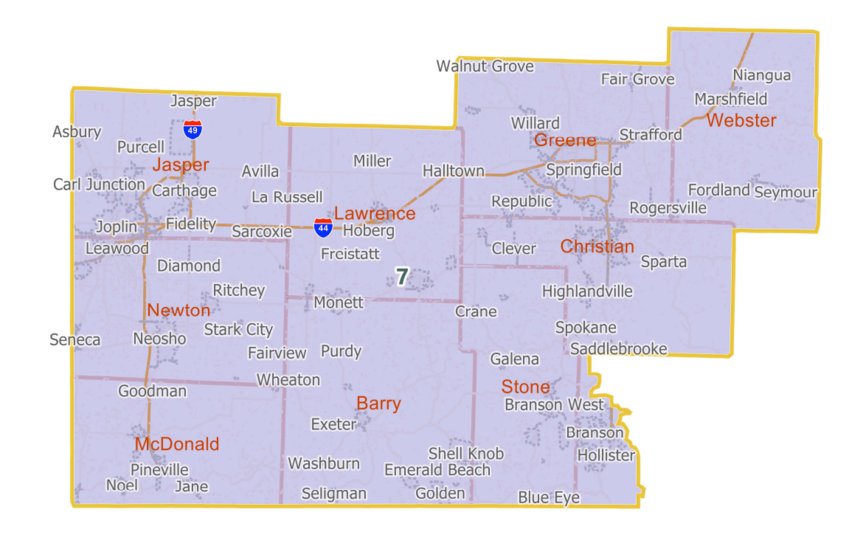 THE NEW SEVENTH DISTRICT as proposed by members of the Missouri House Special Committee on Redistricting and Senate Select Committee on Redistricting on Dec. 30, 2021.