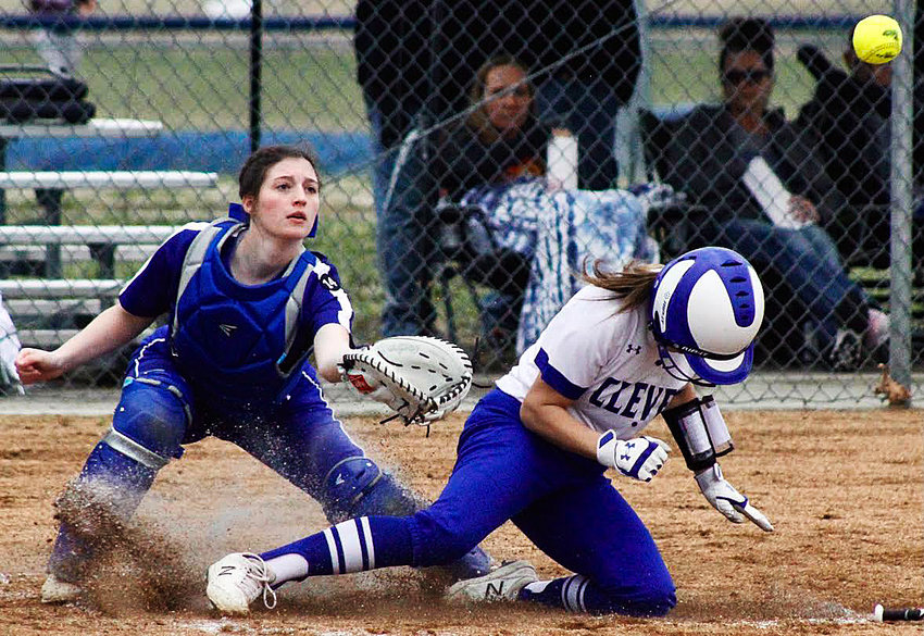 CLEVER&rsquo;S KYLIE WENGER slide safely across home plate in the Lady Jays&rsquo; 7-2 victory versus Ava on Monday.