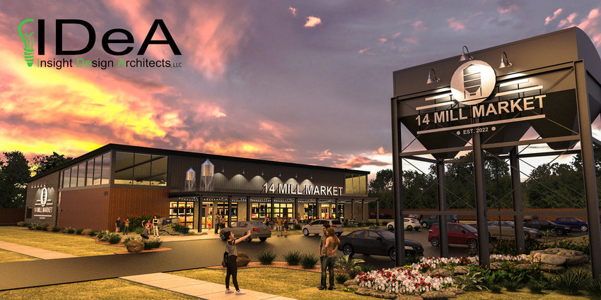Exterior rendering of Nixa&rsquo;s new food hall, 14 Mill Market.