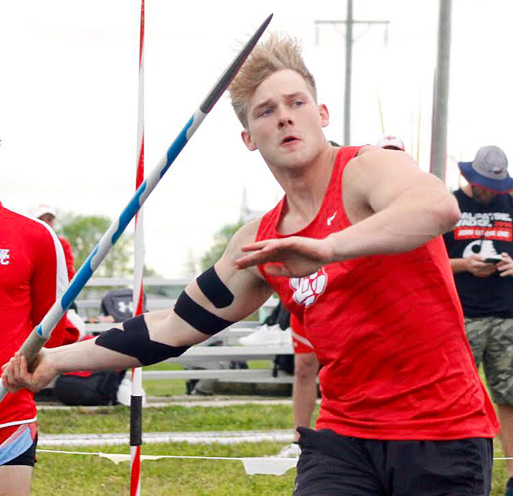 OZARK&rsquo;S RYAN DOTSON unleashes a throw in the javelin.