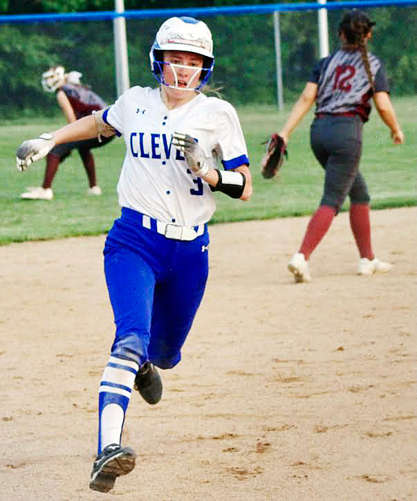 CLEVER'S KENNA WISE races to third base in the Lady Jays' Class 2 District 5 semifinal win Tuesday.