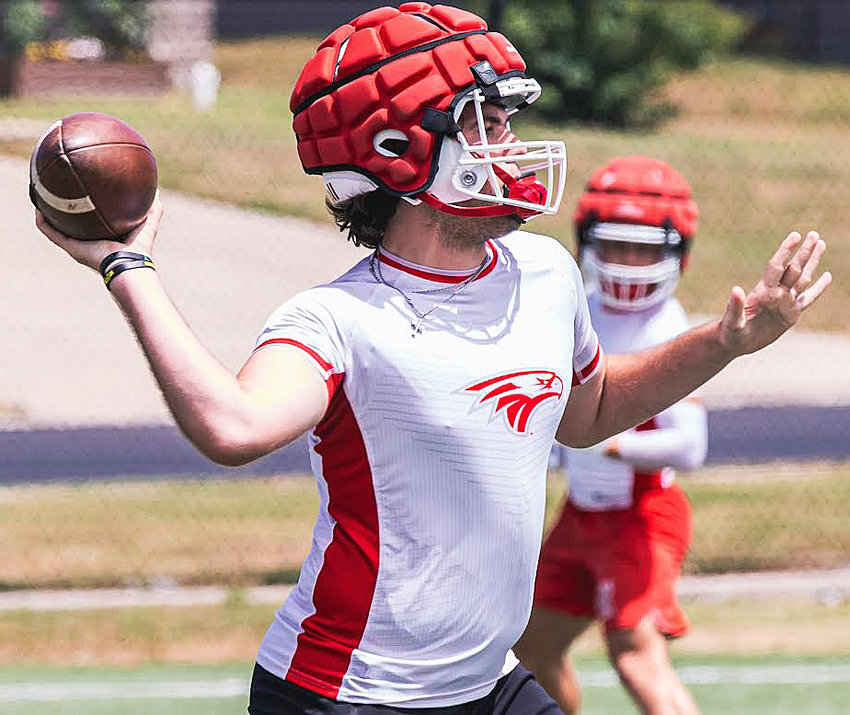 NIXA&rsquo;S CONNOR KNATCAL prepares to fire a pass during 7-on-7 action this summer.