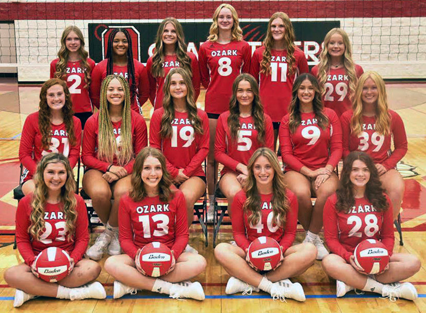 OZARK&rsquo;S VOLLEYBALL TEAM includes (front row, l-r) Katie Treece, Sophie Morris, Emma Godwin, Anna Howe, (middle row, l-r) Lorali Miller, Ashya Thompson, Jenna LaBarge, Reagan Baade, Ava Klinger, Emery Sutherland, (back row, l-r) Macy Humble, Reece Cook, Brinley Watson, Skylar Hilton, Tara Venable and Alexis Andela.