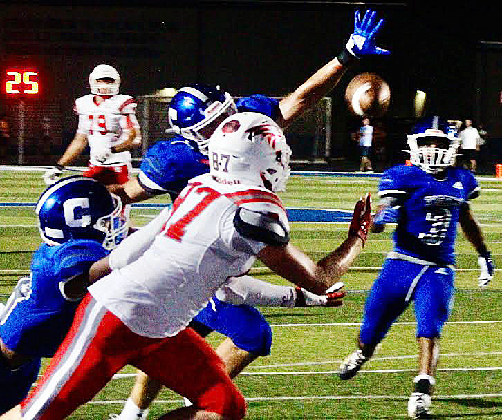NIXA'S GAVEN KRANS reaches for a touchdown reception at Carthage on Friday.