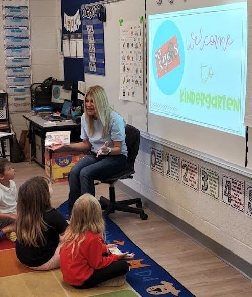 The first day of school is exciting for kindergartners and parents alike. Pictured is West Elementary Kindergarten Teacher Kim Maddox. Kindergarten screenings help the school district obtain information that is valuable for the school and parents.