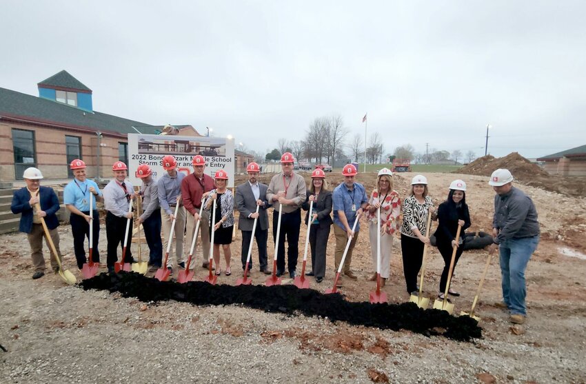 A groundbreaking ceremony for Ozark Middle School&rsquo;s new storm shelter and new entrance was held on Mar. 23, 2023.