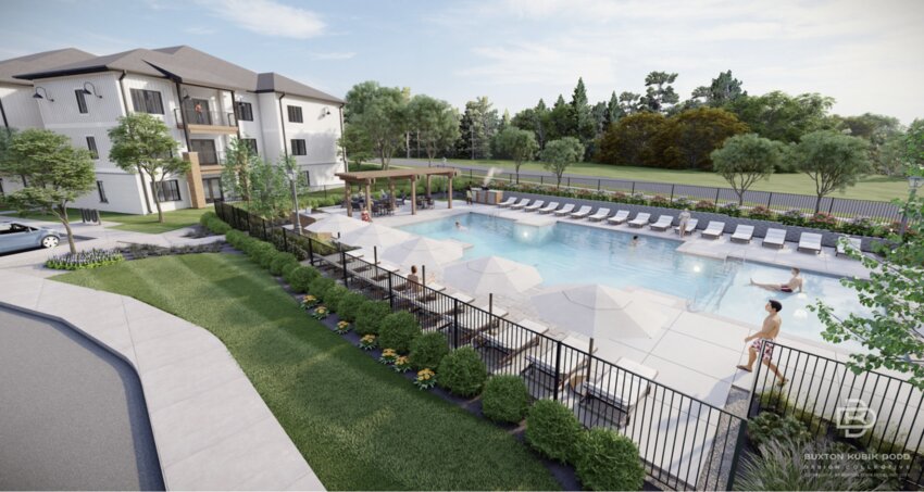 Rendering of River Ranch apartments and pool.