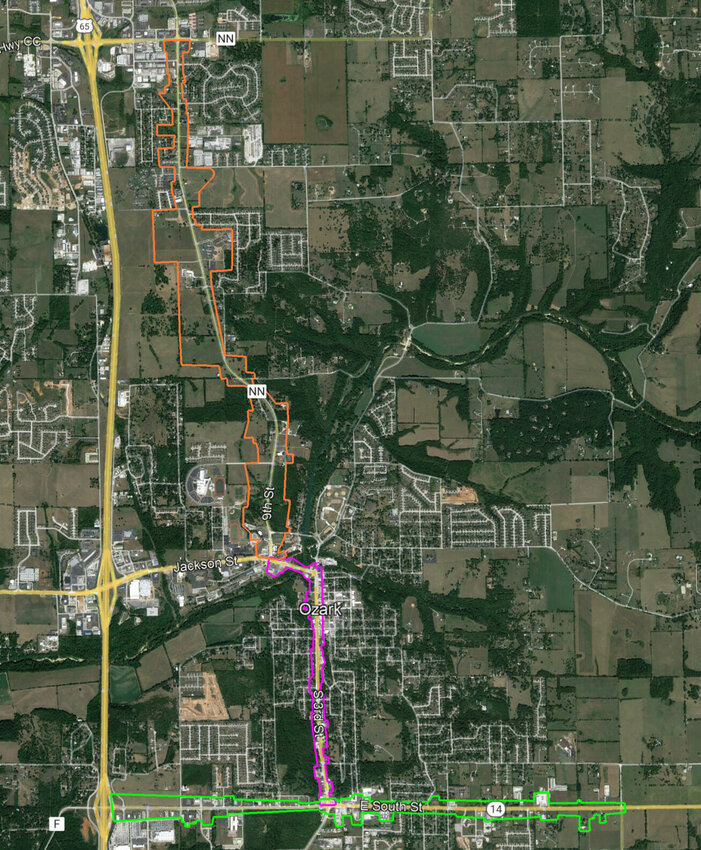 North Corridor &mdash; North State Highway NN (orange). Central Corridor &mdash; South 3rd Street/Highway 14 (purple). South Corridor &mdash; South Street (green).