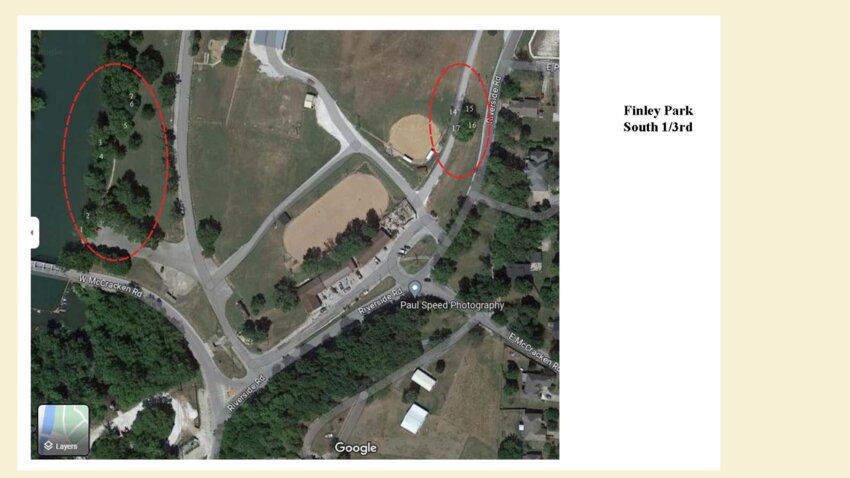 Location of trees to be removed at Finley River Park.