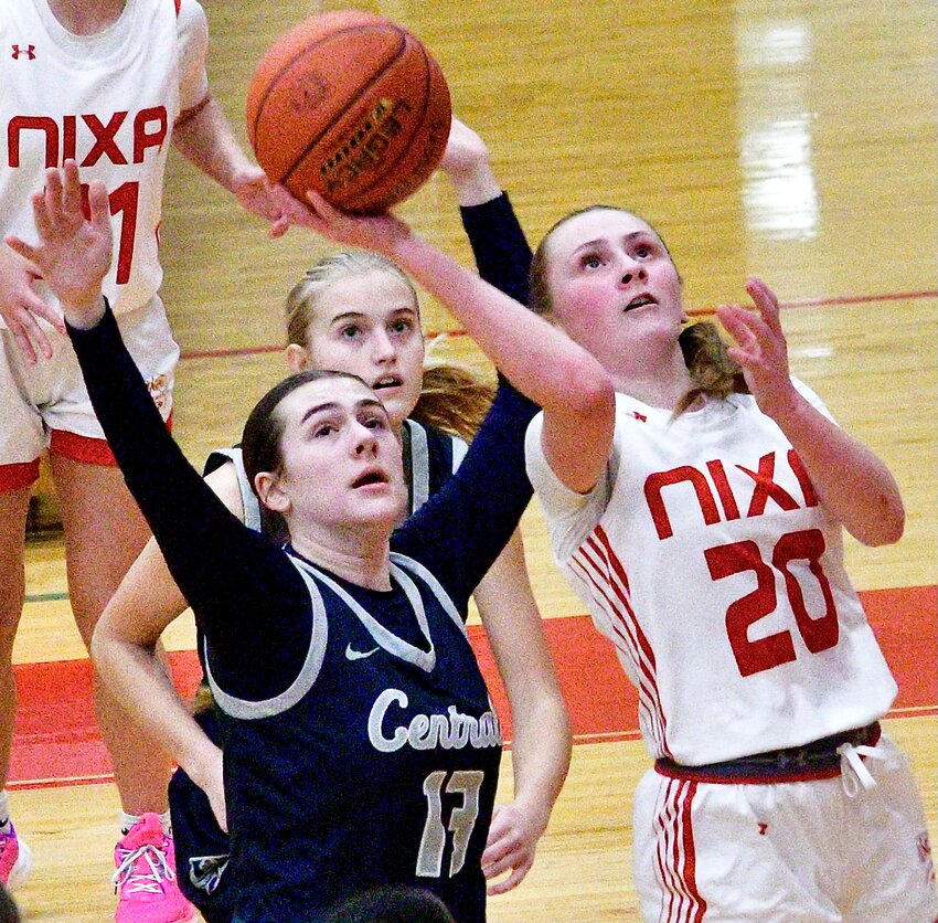 NIXA'S TAYLOR WOOD scores two of her 10 points in the Lady Eagles' win versus Francis Howell Central on Thursday.