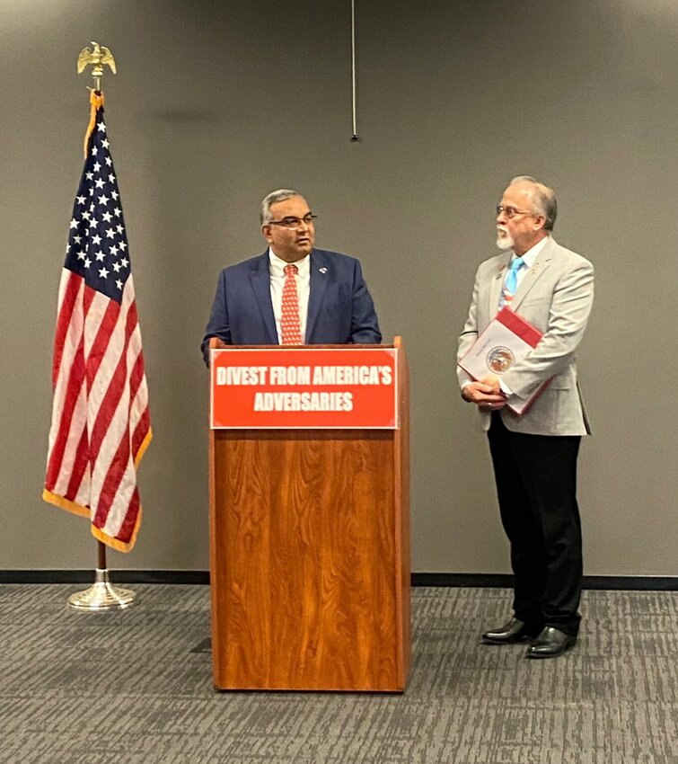 Missouri State Treasurer Vivek Malek (left) and Representative Brian Seitz (R-Branson) talked about the Foreign Adversary Divestment Act on Jan. 18, 2024.