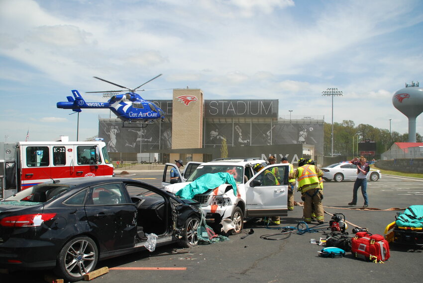 A helicopter arrives on the scene during the Nixa High School &ldquo;Docu-Drama&rdquo; assembly on April 15, 2024.