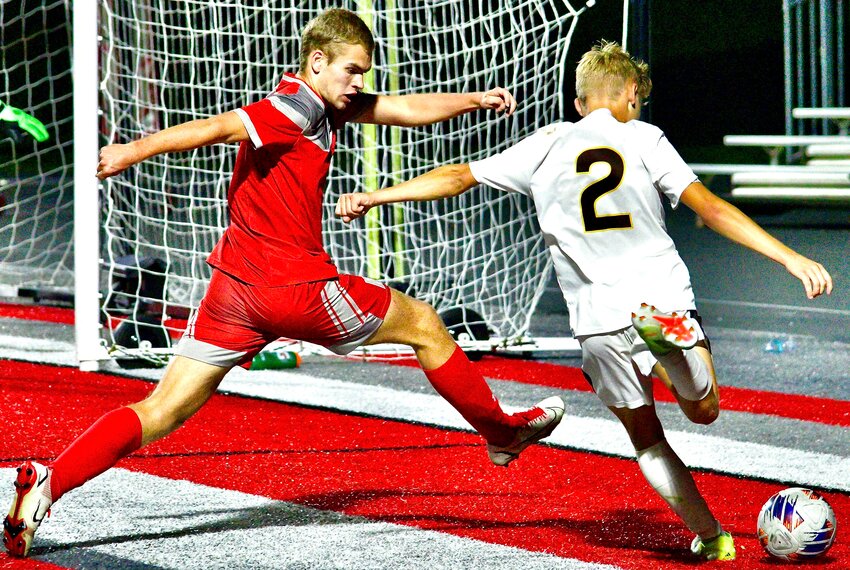 NIXA'S AIDEN MORRIS blocks a Kickapoo shot on goal Thursday.