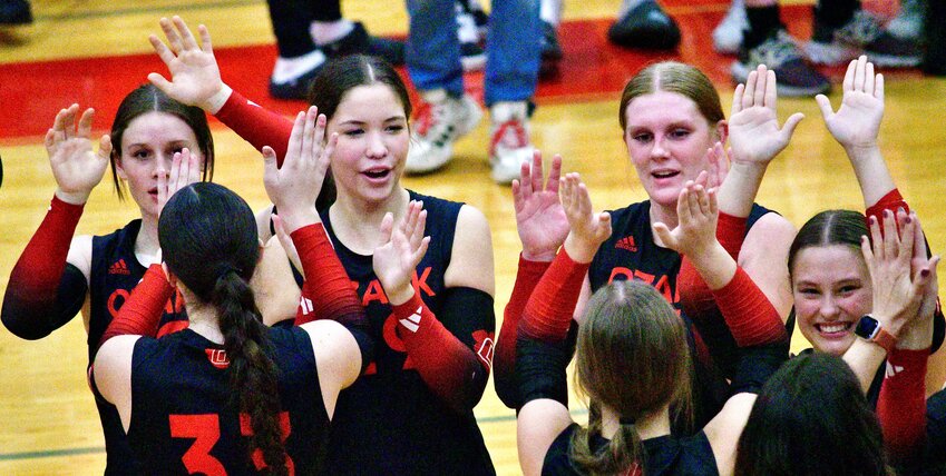 JANELLE SPOHN, ADDISON GOODWIN, TARA VENABLE AND BROOKLYN SOLOMAN lead the Lady Tigers' celebration Tuesday at Nixa.