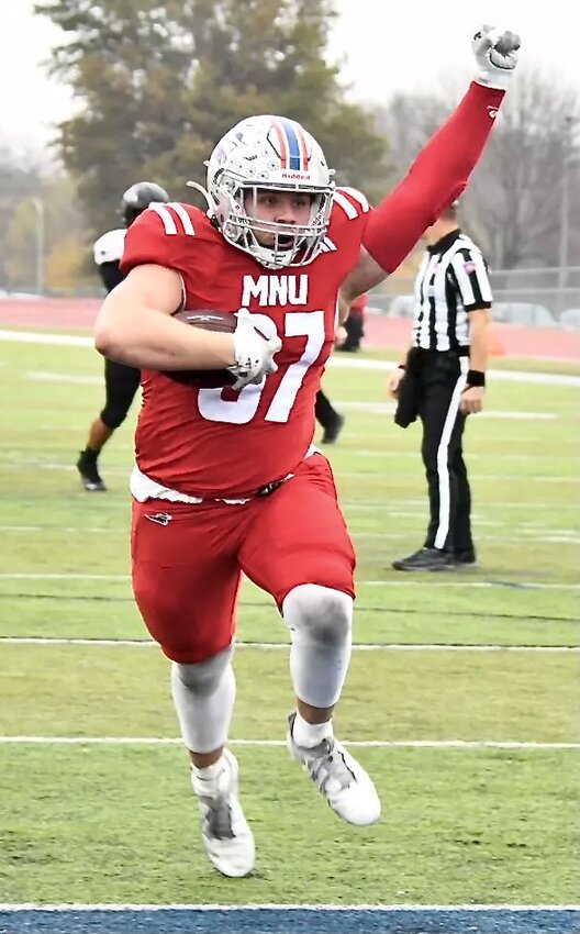 NIXA GRAD GAVEN KRANS celebrates as reaches the end zone during his sophomore season at Mid-America Nazarene this fall.