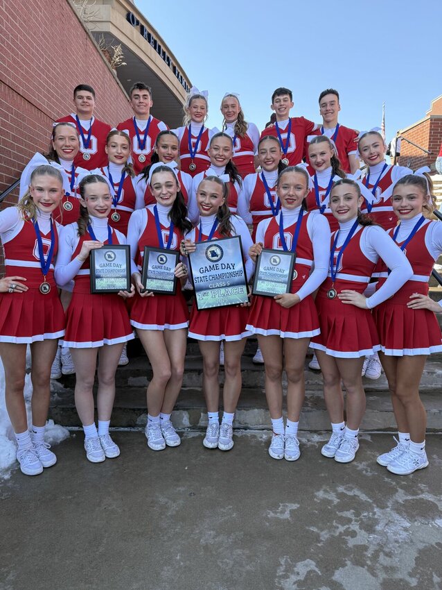 Ozark Varsity Cheer display the awards they one at the 2025 Missouri State Game Day Championship. Picture courtesy of Coach Megan Adams.