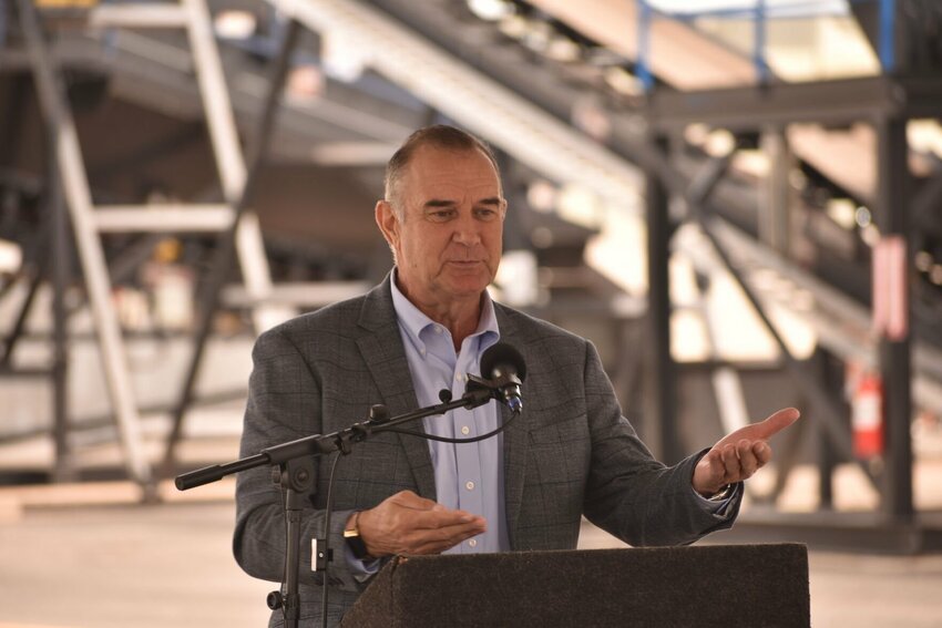 Gov. Mike Kehoe speaks at the ribbon-cutting ceremony celebrating Capital Holding Group&rsquo;s new Ozark asphalt plant. All pictures by Steve Chapman.