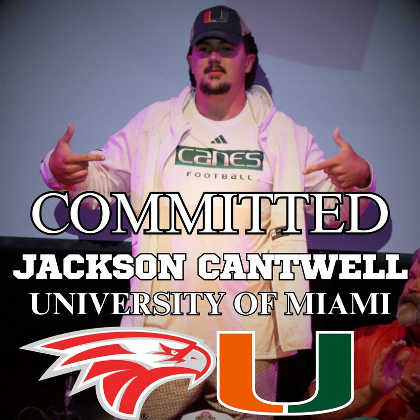 NIXA'S JACKSON CANTWELL points to his Miami Hurricanes shirt while announcing his college choice.