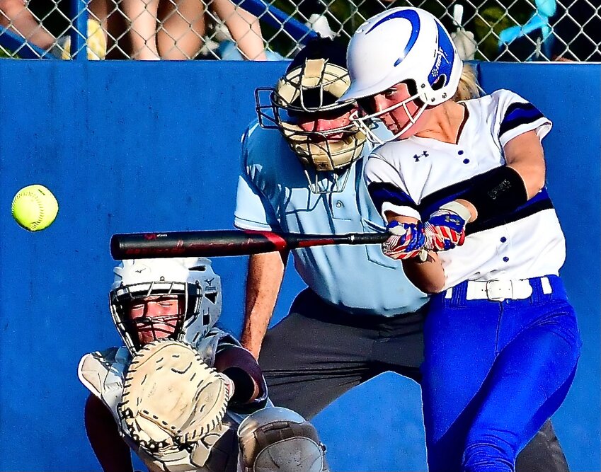 CLEVER'S AUTUMN THRASHER rips one of her four hits in the Lady Jays' Class 2 District 5 championship game win.