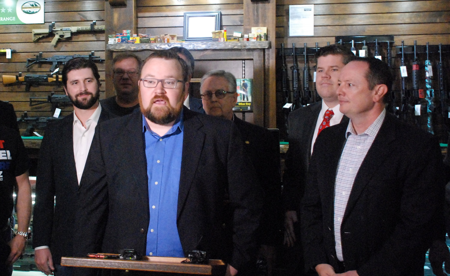 CHRISTIAN COUNTY LAWMAKERS played a key role in the passage of the Second Amendment Protection Act, or SAPA in the Missouri General Assembly in 2021. Pictured, from left, State Rep. Jered Taylor, R-Republic and State Sen. Eric Burlison, R-Battlefield, surrounded by other state lawmakers and SAPA supporters at a press conference at Sound of Freedom USA indoor gun range in Ozark on May 17, 2021.