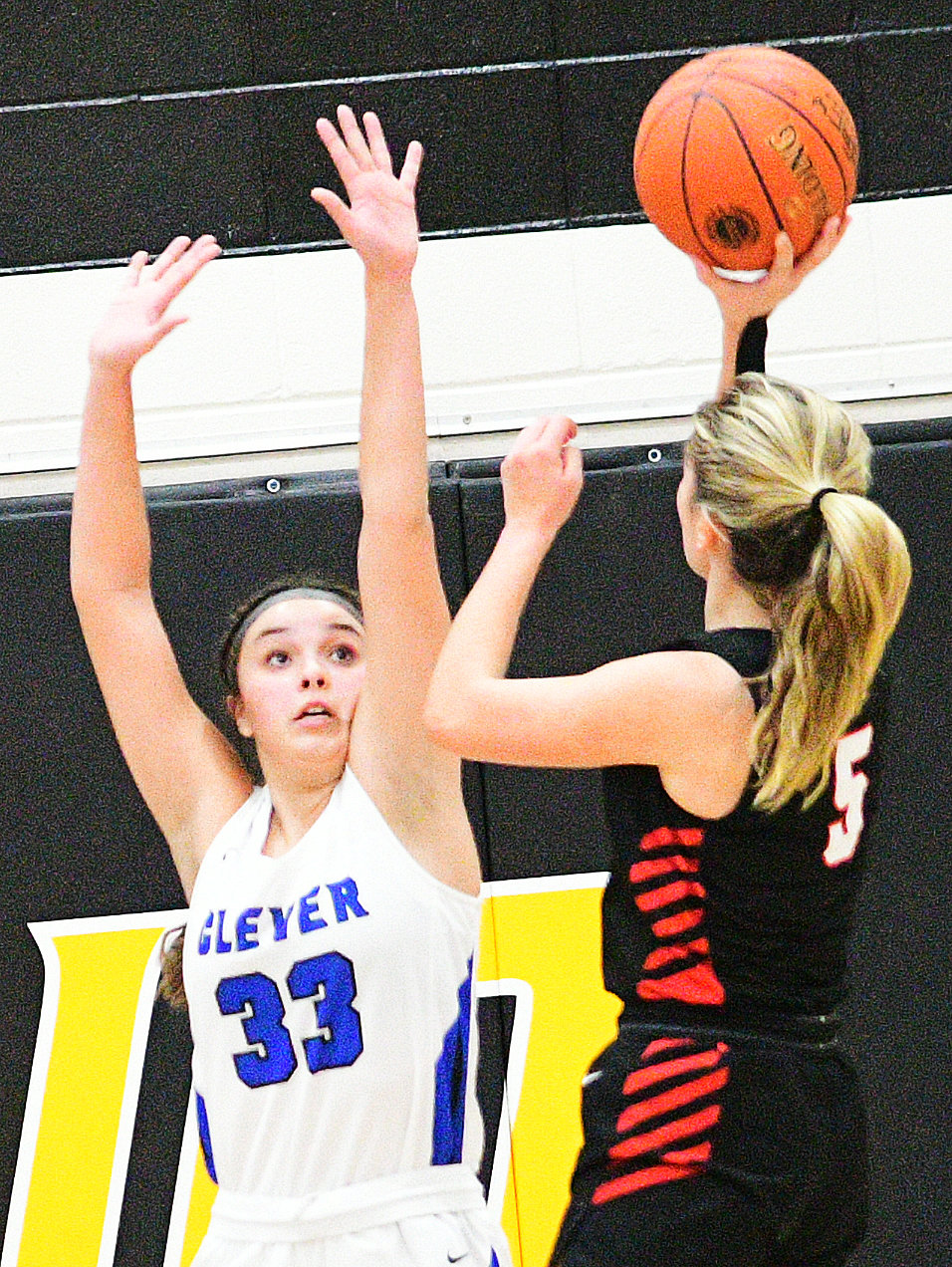 BAILEE MCCLANAHAN gets a hand in front of Ash Grove player’s shot.