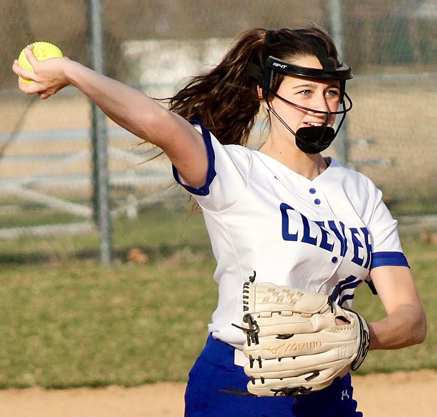 CLEVER'S KYLIE WENGER makes a throw to first base.